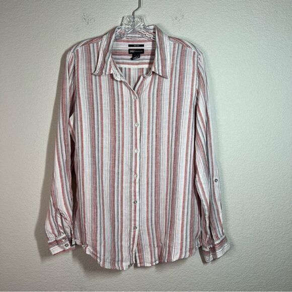 Jones New York Pink Stripe 100% Linen Long Sleeve Button Down Shirt Womens Large - Picture 1 of 6